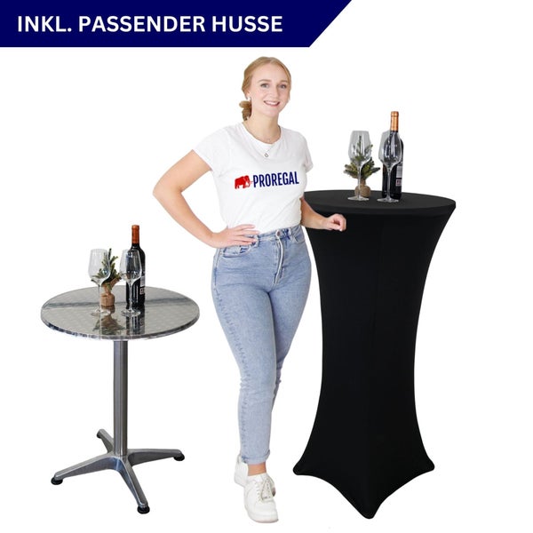 Stehtisch mit passender Housse inklusive Frau, Gläsern und Weinflasche