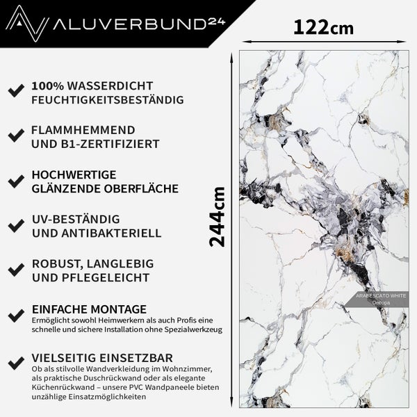 Aluverbund24 Wandpaneel Arabescato White, 122 mal 244 Zentimeter, mit Produkteigenschaften.
