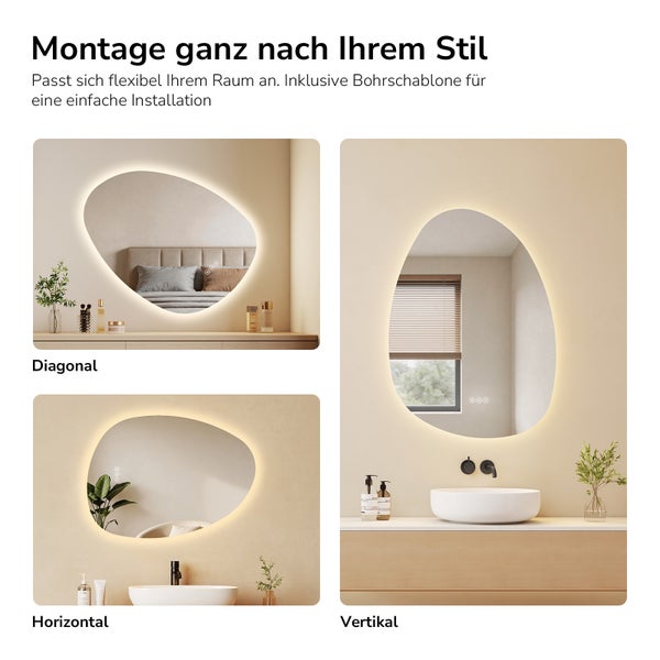 Organisch geformter LED-Badspiegel in diagonaler, horizontaler und vertikaler Montageposition im Schlafzimmer und Badezimmer.