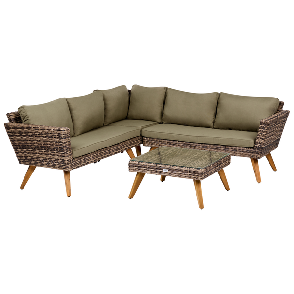 Garten-Lounge-Set aus Polyrattan mit Holzfüßen, bestehend aus einem Ecksofa mit Polstern und einem Couchtisch mit Glasplatte.