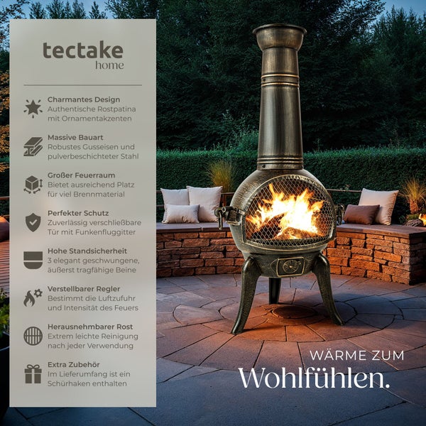 Feuerstelle aus Gusseisen und pulverbeschichtetem Stahl mit großem Feuerraum für den Außenbereich.