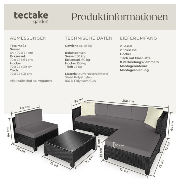 Produktinformationen zur Gartenmöbelgruppe mit Sessel, Eckelementen, Hocker und Tisch