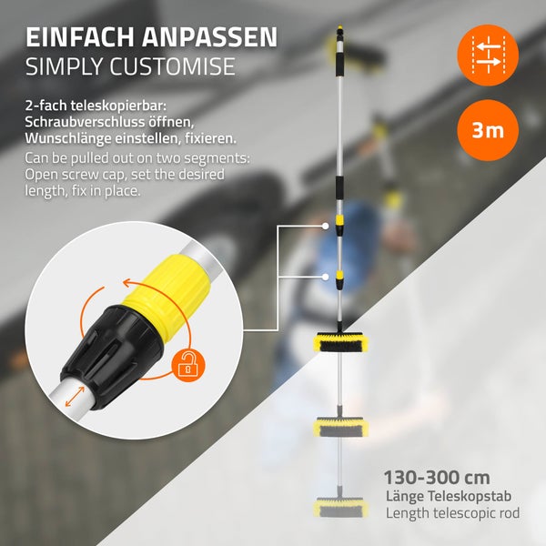 ECD Germany Autowaschbürste mit Teleskopstiel von 130-300 cm ausziehbar, mit An/Aus Schalter, weiche Borsten, Aluminium Auto Waschbürste für Wohnmobil Lkw Kfz Boot, Reinigungsbürste mit langer Griff