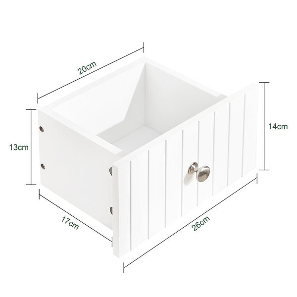 Weiße Schublade mit den Maßen 20 cm mal 17 cm mal 13 cm und einer Schubladenfront von 26 cm mal 14 cm.