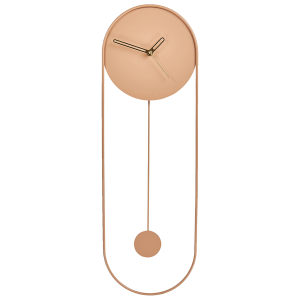 Wanduhr aus Metall in Rosé mit Pendel und ovalem Rahmen.