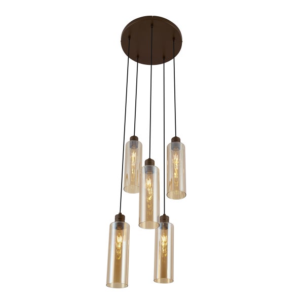 Pendelleuchte mit fünf zylinderförmigen Glasschirmen