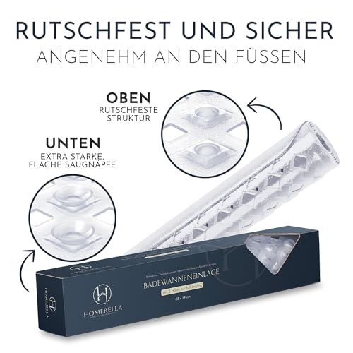 Homerella Badewannenmatte rutschfest Hautsensitiv 88x39cm, INKL. AUFHÄNGUNG | Antirutschmatte Badewanne BPA frei | Duschmatte schimmelresistent & maschinenwaschbar | Badematte rutschfest
