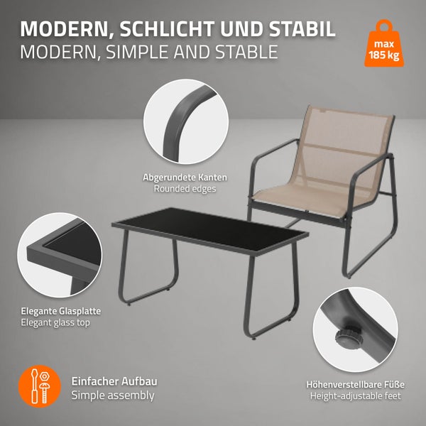 ML-Design Gartenmöbel Set 4-tlg, Taupe, Balkonmöbel aus Stahl & Textilene für 4 Personen, Garten Sitzgruppe mit Glastisch, Sofa und 2 Sesseln, wetterfest, Gartengarnitur Outdoor für Balkon, Terrasse