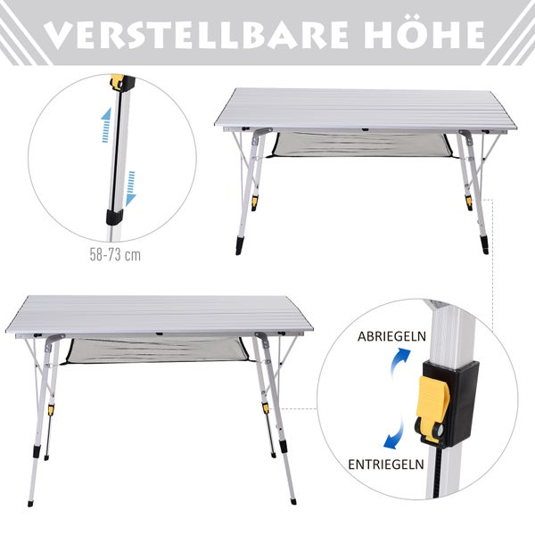 Outsunny Picknick Klapptisch, Falttisch, Höhenverstellbarer Campingtisch, Inkl. Tragetasche, Aluminium, Silber, 120 x 70 x 58-73 cm