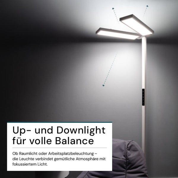 Stehleuchte mit nach oben und unten gerichteten Lichtelementen für indirekte und direkte Beleuchtung