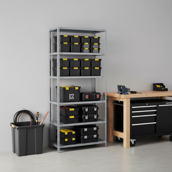 Organisierte Werkstatt mit grauem Metallregal, schwarzen Lagerboxen, hölzerner Werkbank mit Schraubstock und schwarzem Rollwagen für Werkzeug.