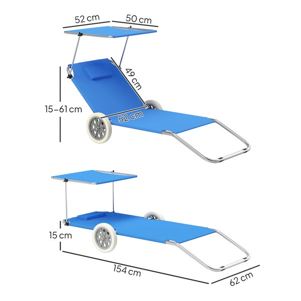 Outsunny 2er Set Sonnenliege klappbar Gartenliege mit Kopfkissen Dach, Rolle Liegestuhl mit verstellbare Rückenlehne, wetterfeste Campingliege, Gartenstuhl bis 120 kg belastbar, für Garten Pool, Blau
