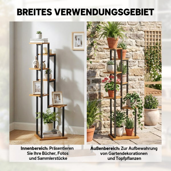 Modernes Stufenregal aus Metall und Holz für den Innen- und Außenbereich, dekoriert mit Pflanzen, Fotos und Büchern.