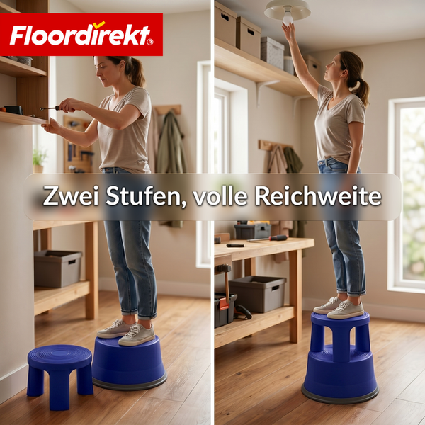 Blauer Kunststoff-Rollhocker mit zwei Stufen zum Erreichen von Regalen und Lampen in einer Werkstatt. Floordirekt Logo.