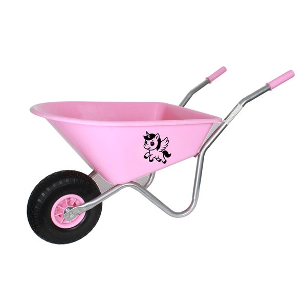 Rosa Kinder-Schubkarre mit Einhorn-Motiv, Kunststoffmulde und Metallgestell.
