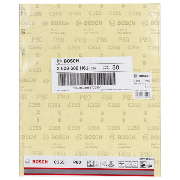 Bosch Schleifpapier C355 P80, 230x280 mm, 50 Stück, geeignet für Kunststoff, hohe Schleifleistung, perfektes Finish, wasserfest