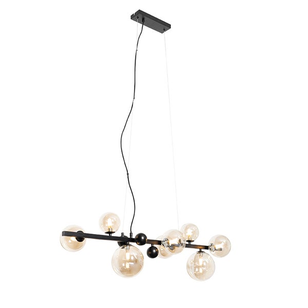 Hängeleuchte mit bernsteinfarbenen Glasschirmen an einem schwarzen Metallrahmen