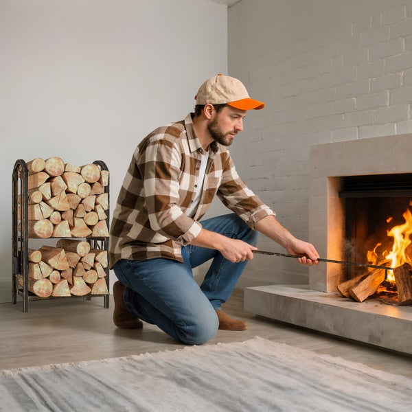 Mann schürt Holz mit Schürhaken im Kamin, neben ihm ein Holzregal