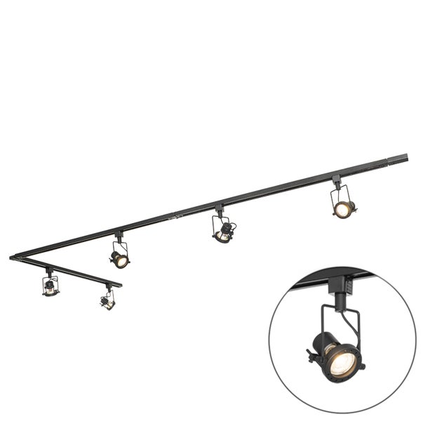 Schwarzes Schienensystem mit fünf verstellbaren Strahlern in L-Form, inklusive Detailansicht eines LED-Spots.