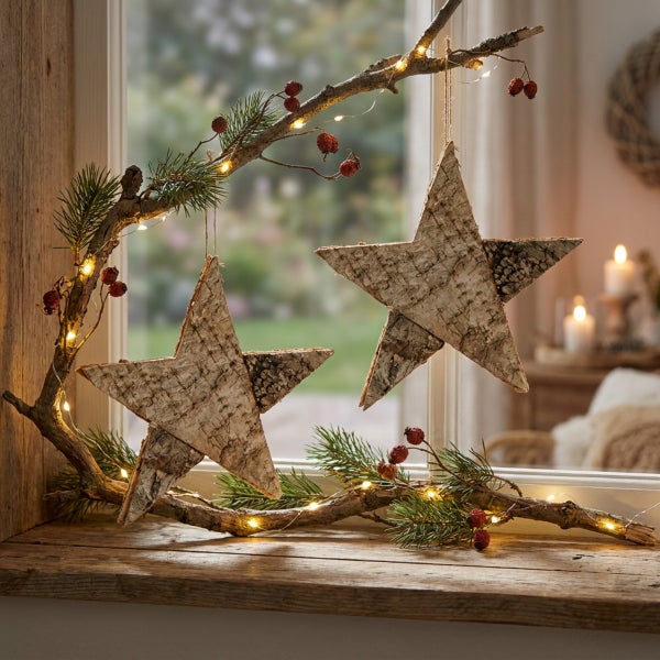 Weihnachtliche Fensterdekoration mit zwei hängenden Sternen aus Birkenrinde an einem beleuchteten Ast mit Tannengrün und Beeren.