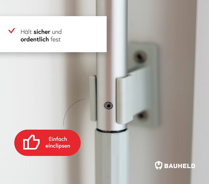 Detailansicht einer silberfarbenen Kleiderstange mit Halterung und den Texten 'Hält sicher und ordentlich fest' sowie 'Einfach einclipsen' zur Produktbeschreibung.