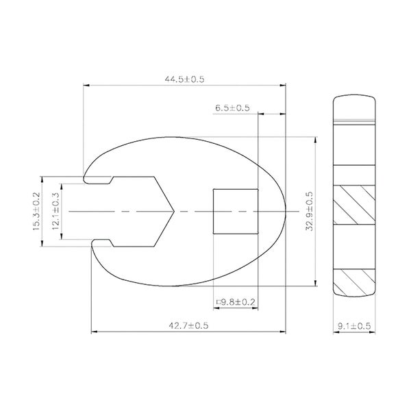 Technische Zeichnung eines Werkzeugs mit Maßangaben