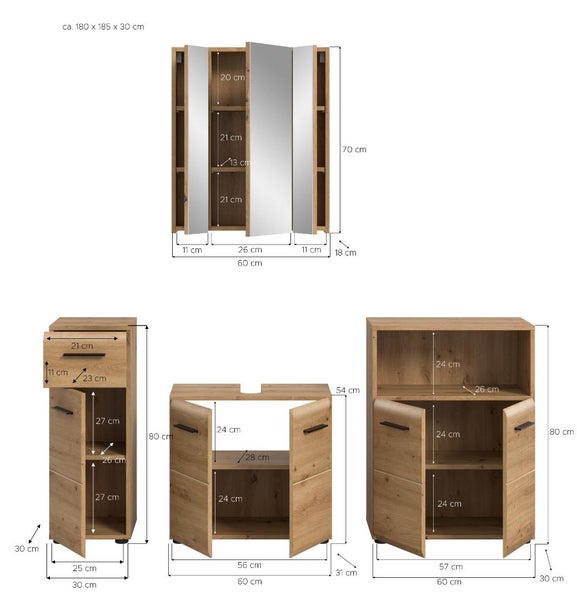 Vierteiliges Badezimmermöbel Set in Holzoptik mit detaillierten Massangaben in Zentimeter für Spiegelschrank, Hochschrank und Unterschränke.