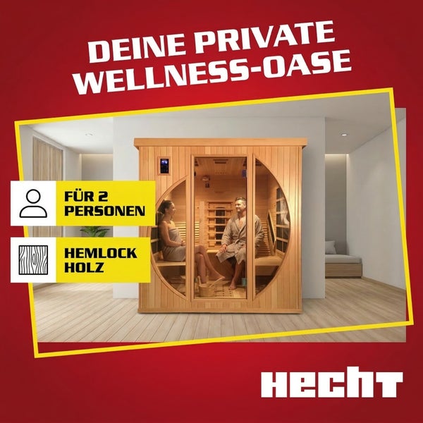 Infrarotkabine aus Hemlock-Holz für zwei Personen mit Glaselementen in einem hellen Raum, Marke Hecht Logo.