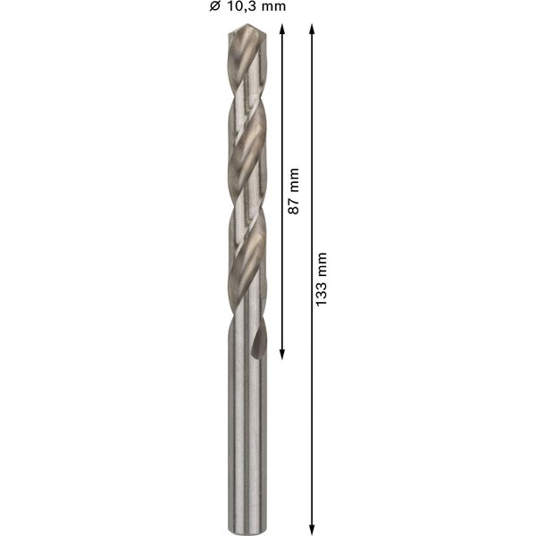 Bohrer mit den Maßen 10,3 mm Durchmesser, 87 mm Nutzlänge und 133 mm Gesamtlänge.