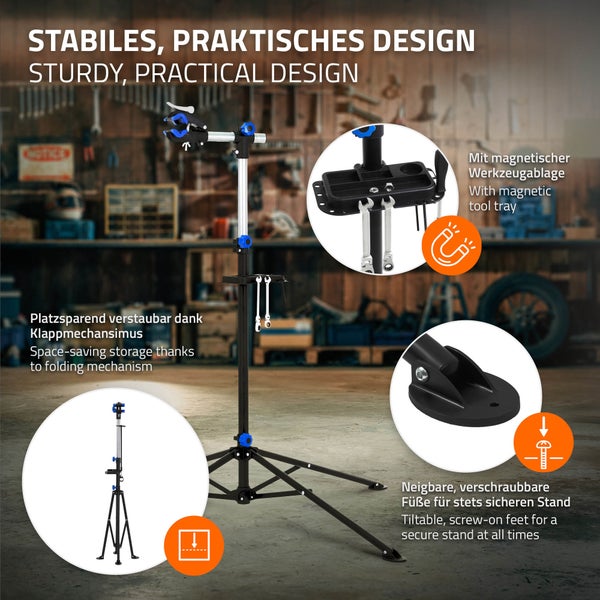 ECD Germany Fahrradmontageständer E-Bike Reparaturständer 360° drehbar/höhenverstellbar 105-185cm, Fahrradständer robust für alle Fahrradarten bis 50kg, Stativfuß 4-beinig, Magnetischer Werkzeugablage