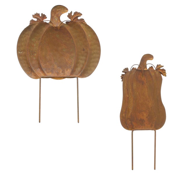 Zwei Kürbis-Gartenstecker aus Metall