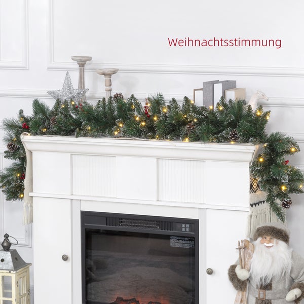HOMCOM 1,8 m künstliche Weihnachtsgirlande mit Lichterkette Blumendekoration mit Tannenzapfen Beeren Weihnachten Tannengirlande für Treppen Kamin Metall Grün Ø30 x 180 cm