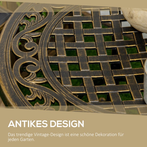 Runder Bistrotisch aus Aluminiumguss mit dekorativem Muster auf der Tischplatte und geschwungenen Beinen im antiken Stil.