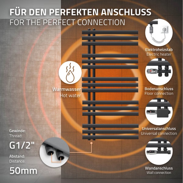 ECD Germany Iron EM Design Badheizkörper Elektrisch mit Heizstab 1200 W - 600 x 1200 mm - Anthrazit - Designheizkörper Paneelheizkörper Heizkörper Handtuchwärmer Handtuchtrockner