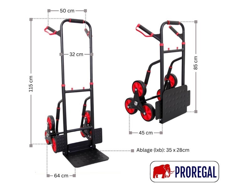 PROREGAL Klappbarer Profi-Treppensteiger TAURUS 250 HxBxT 115 x 52 x 63 cm Traglast 250 kg Stahlrahmen Ergonomische Griffe TPR-Gummiräder Rot-Schwarz