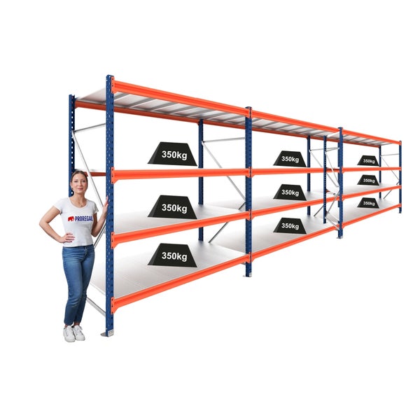 Blau-oranges Schwerlastregal mit Spanplattenböden, Höhe 250 Zentimeter, Breite 321 Zentimeter, Tiefe 80 Zentimeter, Tragkraft 500 Kilogramm pro Boden.