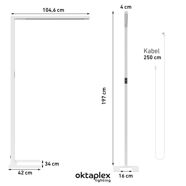 Technische Zeichnung einer Oktaflex Lighting Stehlampe mit Maßangaben von Höhe, Breite und Kabellänge.
