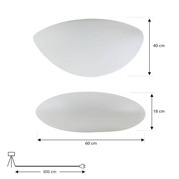 Ovale weiße Leuchte mit Maßen: 60 Zentimeter Länge, 40 Zentimeter Breite, 18 Zentimeter Höhe und 300 Zentimeter Kabellänge.