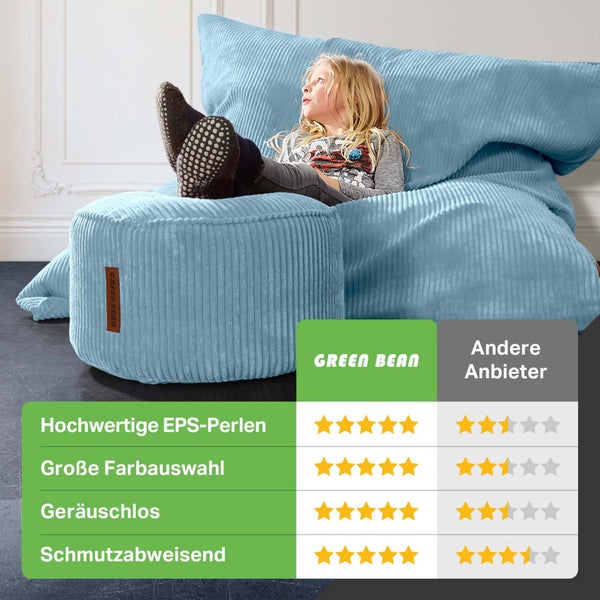 Green Bean Sitzsack + Pouf im Set - XXL Riesensitzsack mit passenden Fußhocker | EPS Füllung Bean Bag Bodenkissen Liegekissen Sitzkissen Indoor Drinnen Waschbar Hellblau
