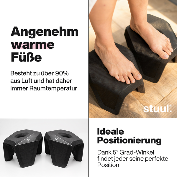 Zweiteiliger schwarzer Toilettenhocker von stuul mit 5 Grad Winkel für ergonomische Positionierung und angenehme Fusstemperatur. stuul Logo.