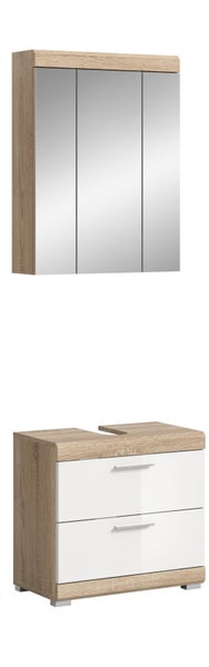 Detailansicht einer Möbelfront in Eiche-Optik mit weißen Hochglanz-Lamellen.