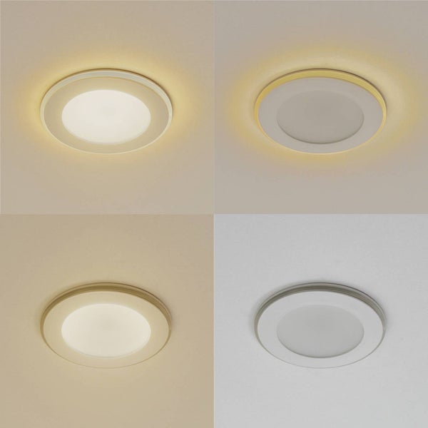 Runder LED-Einbaustrahler in vier Ansichten: drei mit verschiedenen Lichtstärken und eine im ausgeschalteten Zustand.