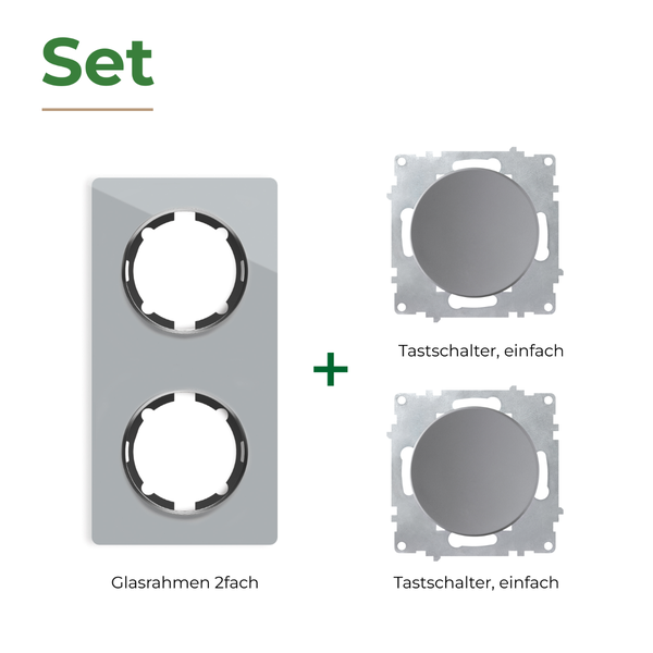 Set bestehend aus einem zweifachen Glasrahmen und zwei einfachen Tastschaltern zur Elektroinstallation.