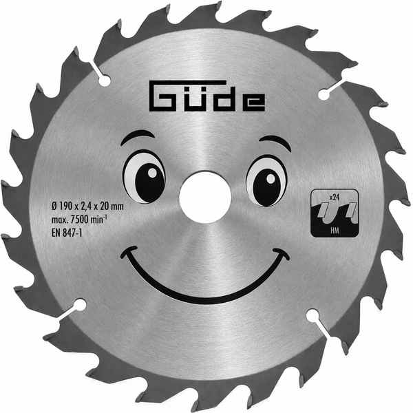 Güde Logo, Kreissägeblatt mit 24 Zähnen aus Hartmetall, Durchmesser 190 Millimeter, Bohrung 20 Millimeter, dekoratives Gesicht.