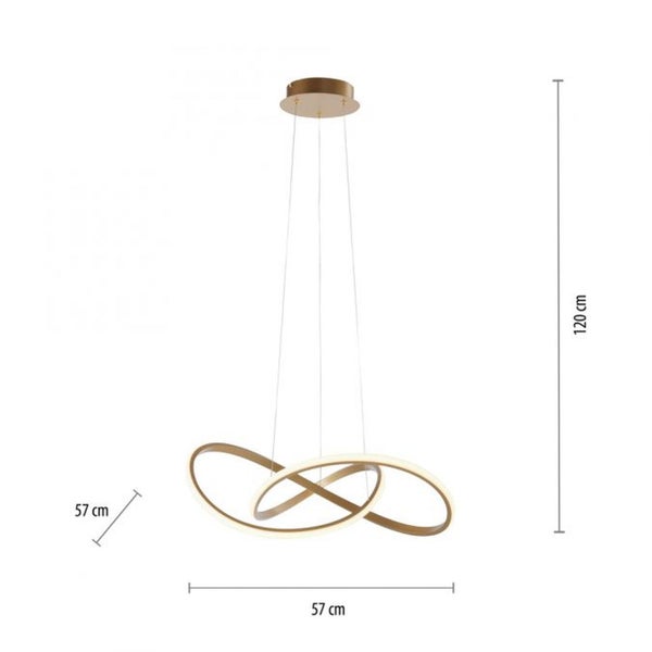 Moderne LED Pendelleuchte mit zwei ineinander verschlungenen Ringen und Maßen von 57 Zentimeter Breite und 120 Zentimeter Gesamthöhe