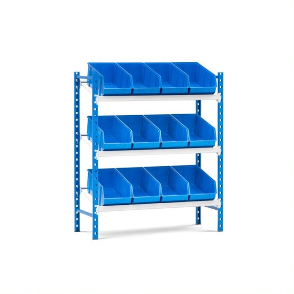 PROREGAL Schrägbodenregal MAXIMUS mit 12x Sichtlagerboxen à 15,3L Fachlast 130kg Grundregal HxBxT 120x100x40cm 3 Ebenen Lichtblau/Lichtgrau