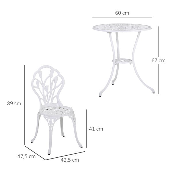 Outsunny 3-teilige Essgruppe, 1 Tisch+2 Stühle, mit Schirmloch, Ø60 x 67H cm, Aluminium, Weiß