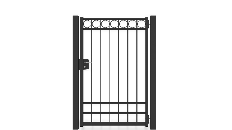 Gartentor ZAUNGURU BASIC-Linie Oldenburg Kreis aus Metall, Höhe: 163cm, Breite: 123cm, 1-flügelig inkl. Pfosten, Schloss und Zubehör, Feuerverzinkt und in RAL 7016 Anthrazitgrau pulverbeschichtet