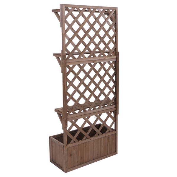 Detailansicht eines Pflanzkastens aus dunklem Holz mit Lattenboden und integriertem Rankgitter.