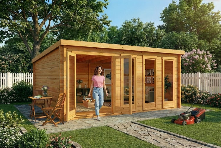 Gartenhaus aus Holz mit Flachdach, Doppeltür und bodentiefen Fenstern, auf einer Terrasse in einem Garten mit Rasenmäher und Zaun.